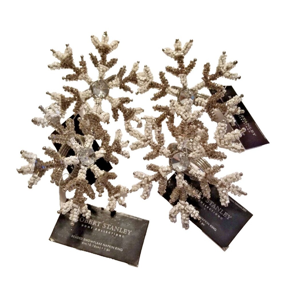 Robert Stanley Beaded Snowflake Napkin Ring Holders Set of 4 New White Silver VT